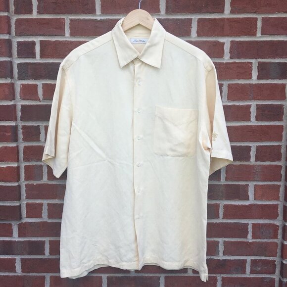 Peter Millar Camp Shirt Men's Medium Yellow Silk Linen Button Up Trophy Logo - Picture 1 of 15